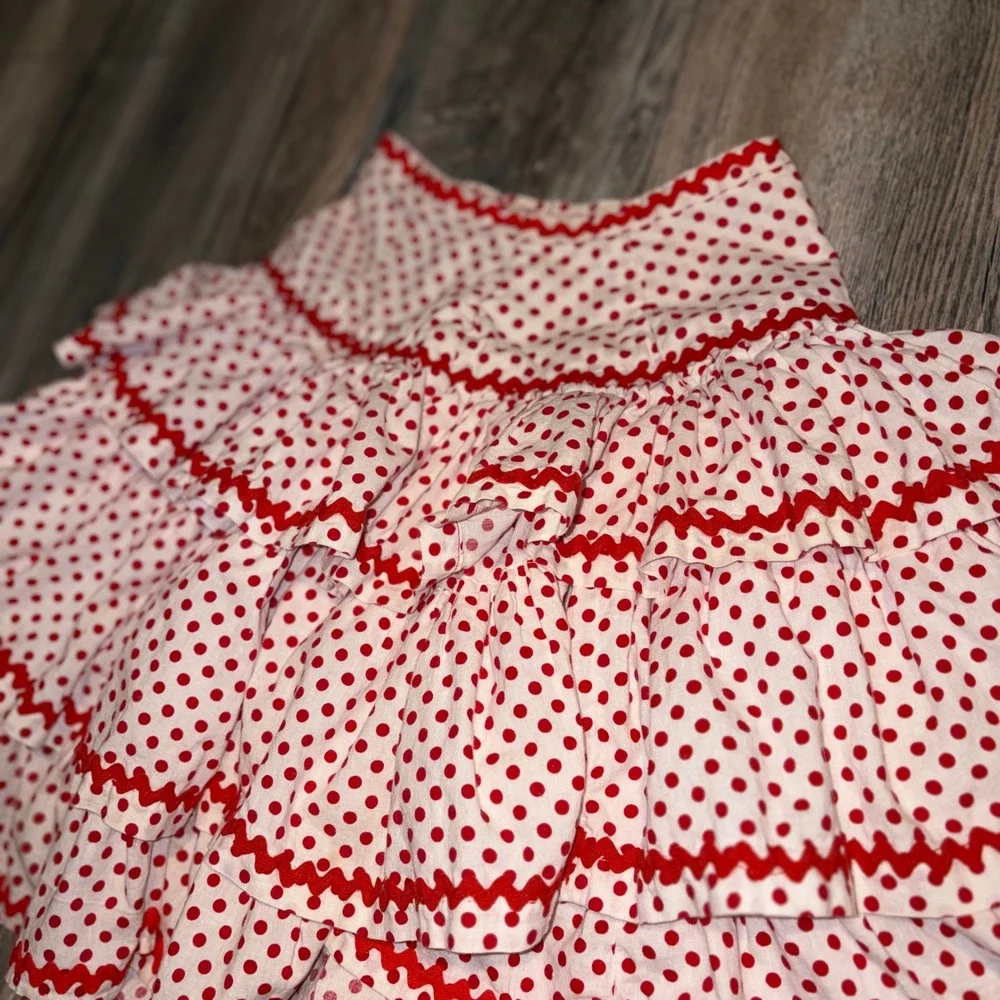 Vintage Kids Red Polka Dot Tiered Ruffle Skirt Ric Rac Trim Costume Retro